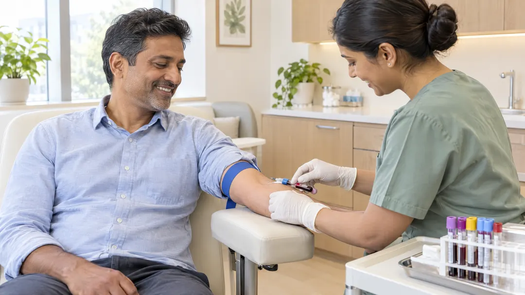 A relaxed man in his forties has a blood sample taken in a bright, modern clinic.