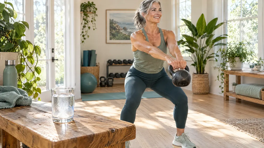 A woman in her fifties does a kettlebell squat in a bright home gym, a glass of water on a bench.