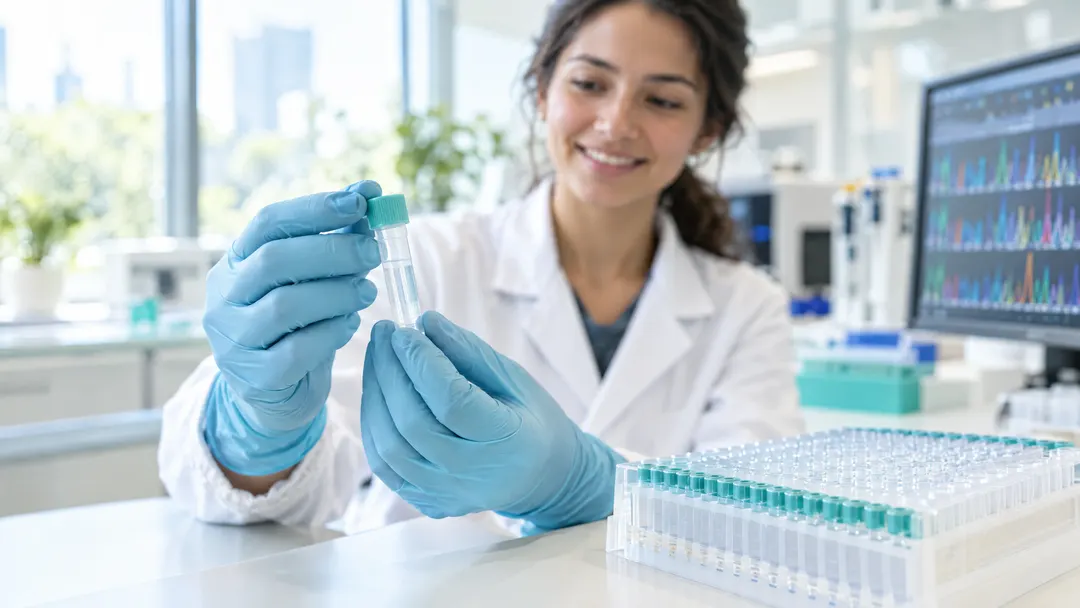 A scientist holds a saliva collection tube with a teal cap next to a DNA sequencing plate in a bright lab.