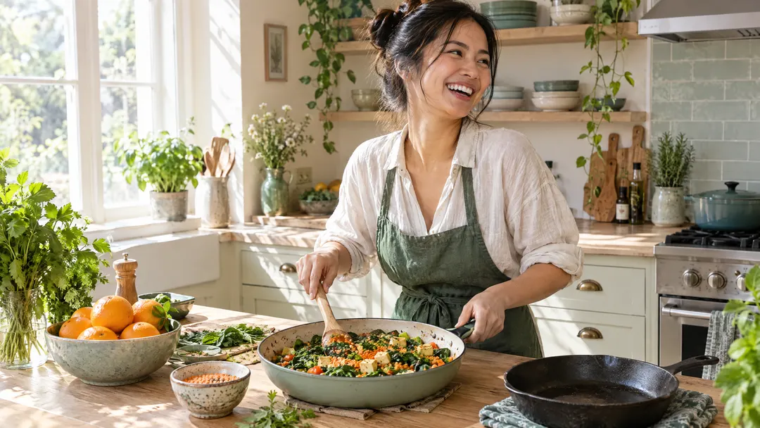 A woman laughs while cooking a colourful pan of vegetables and lentils in a sunny kitchen.
