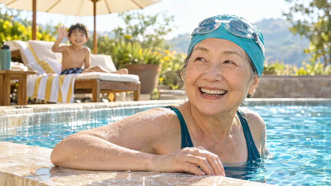 A smiling woman in her seventies rests at the edge of a swimming pool while her grandson waves in the background.