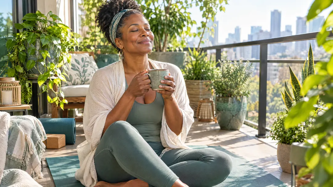A woman in her late forties sits calmly on a sunny balcony after yoga, holding a cup of tea.