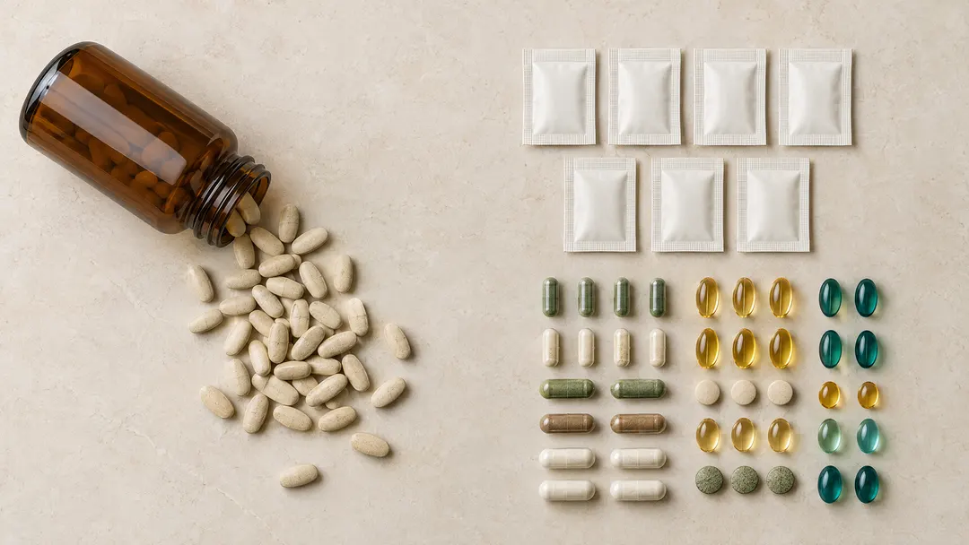 A generic supplement bottle spilling identical tablets beside neatly arranged personalised daily sachets and capsules.