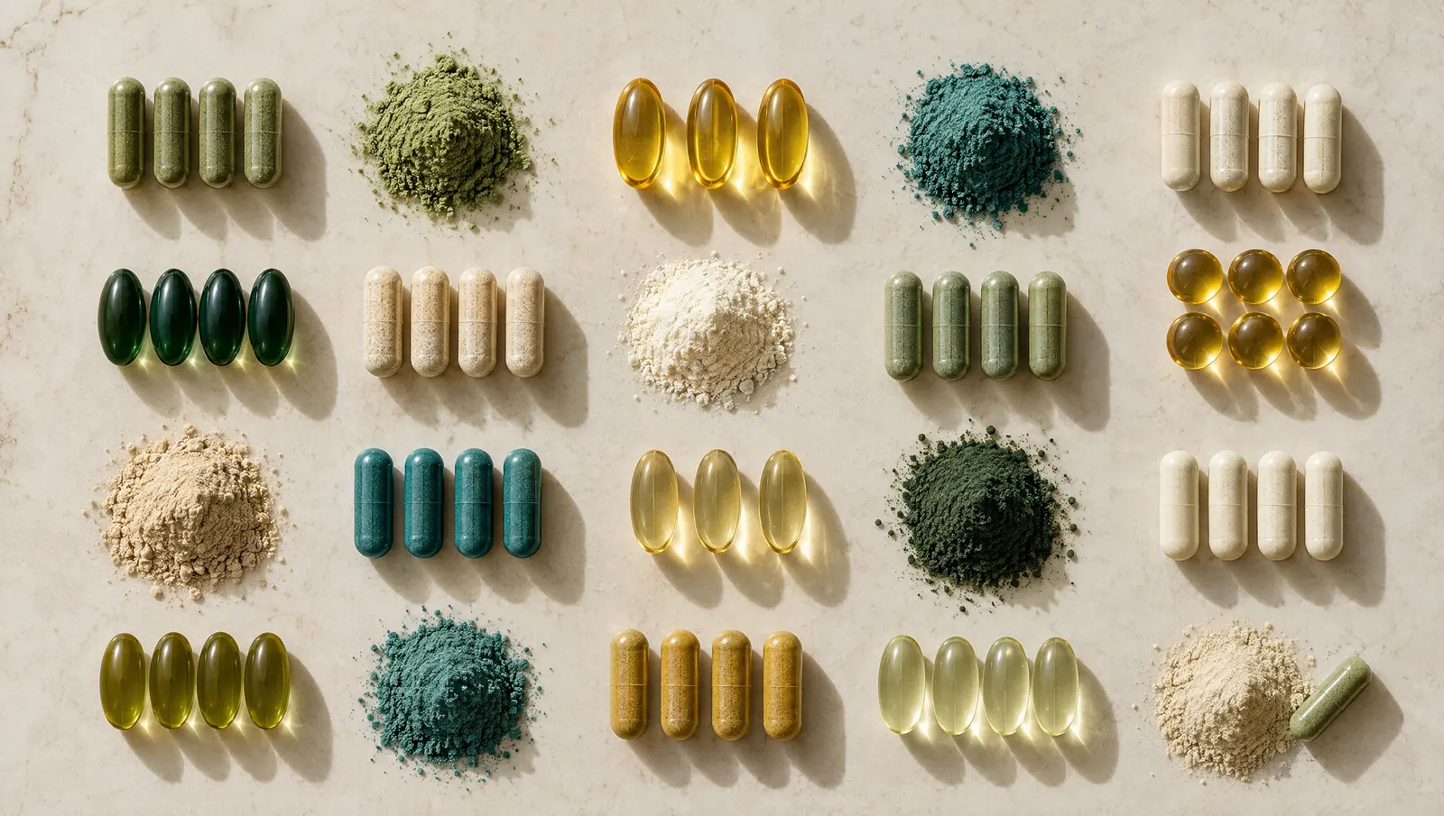 Supplement capsules, softgels and powders arranged on a precise grid on ivory stone.