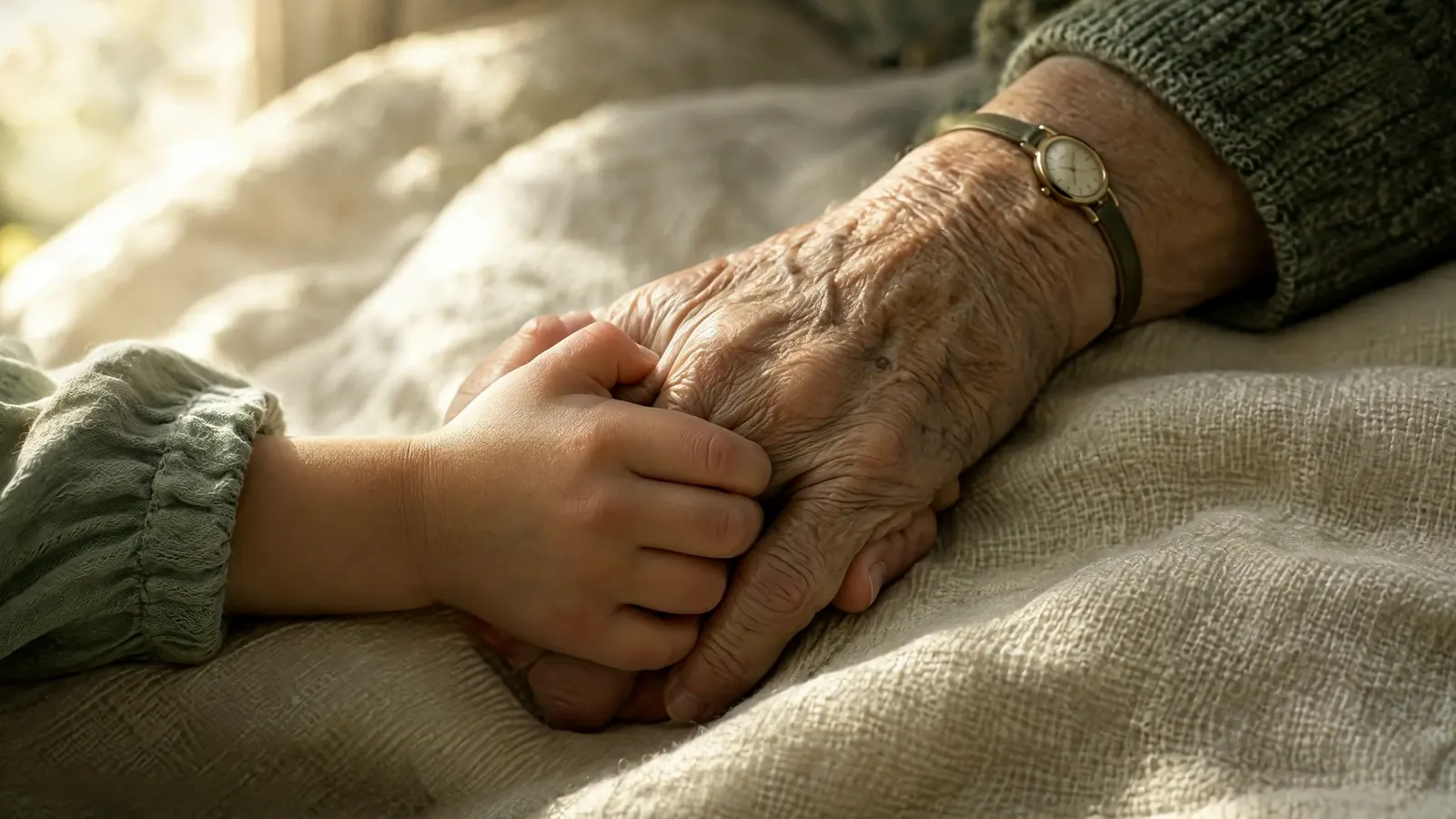 More good years: a child holding a grandparent’s hand, dancing in the kitchen, learning to ride a bike, a beach walk, a hug and a hillside walk at sunset.