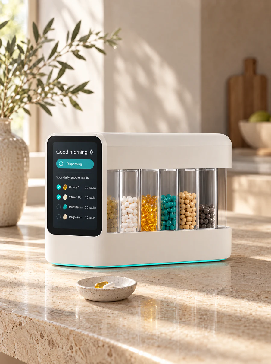 Concept render of the Cellune Home smart dispenser, with a touchscreen and clear capsule columns, dispensing a morning dose on a sunlit kitchen counter.