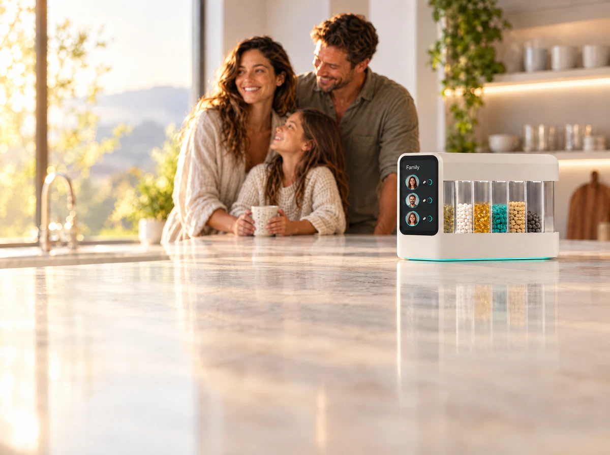 Concept render of the Cellune Home smart dispenser on a kitchen island, its screen showing family profiles, with a smiling family in the background.