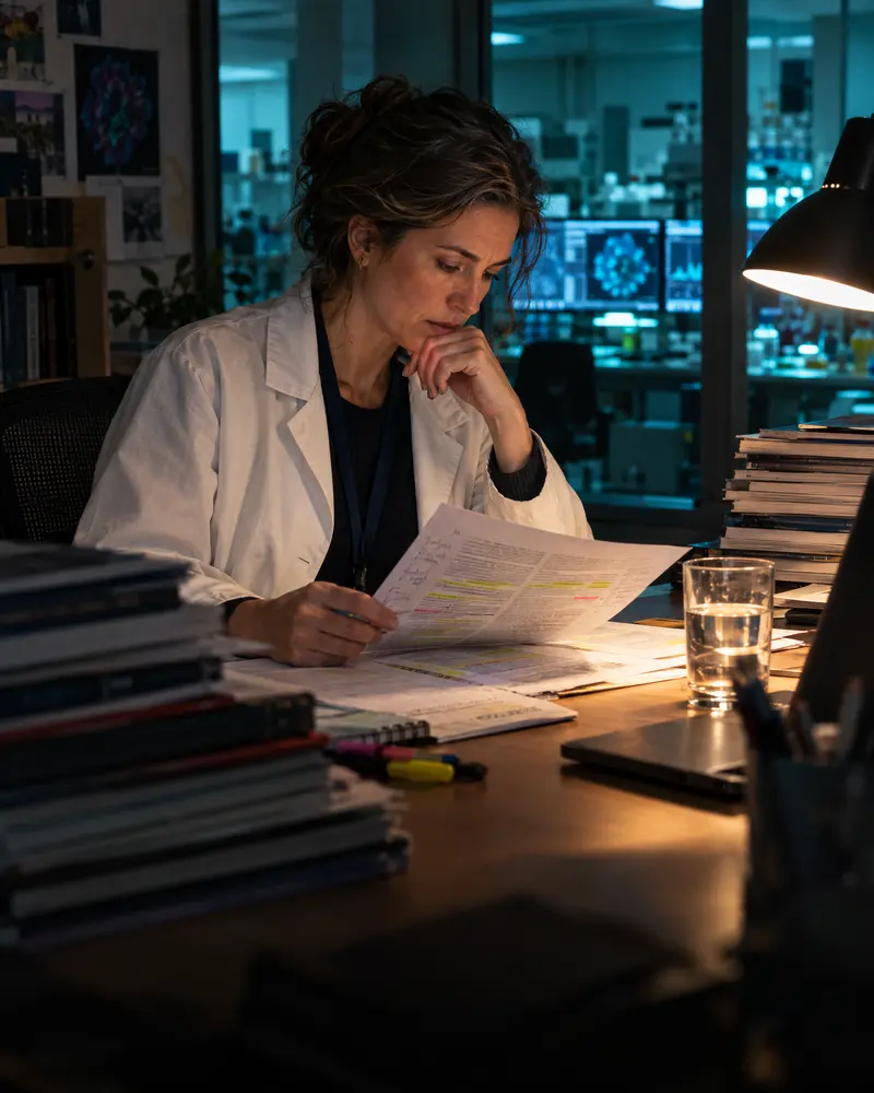 A researcher reads an annotated clinical paper at her desk late at night.