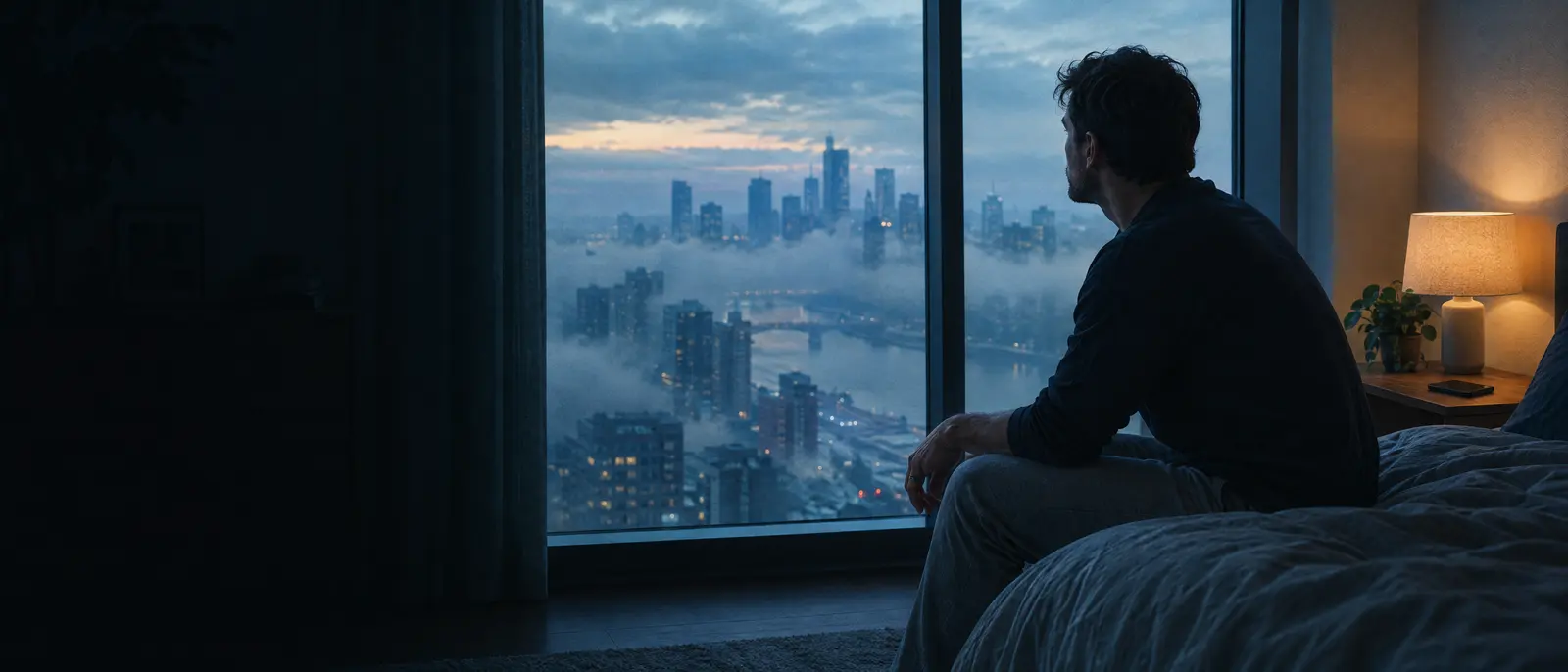 A man sits on the edge of his bed at dawn, looking out over a misty city.